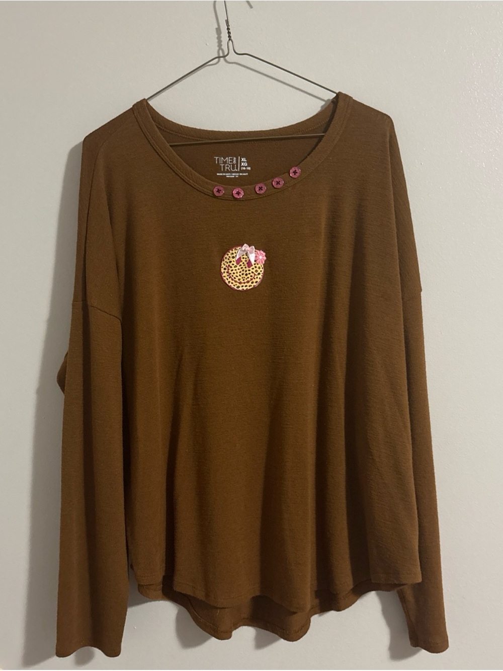 Time and Tru Brown Long-Sleeve Tee with Pink Accents
